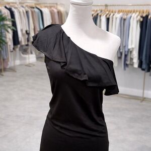 White Birch Small One Shoulder Ruffle Top Black Stretch Fitted NWOT